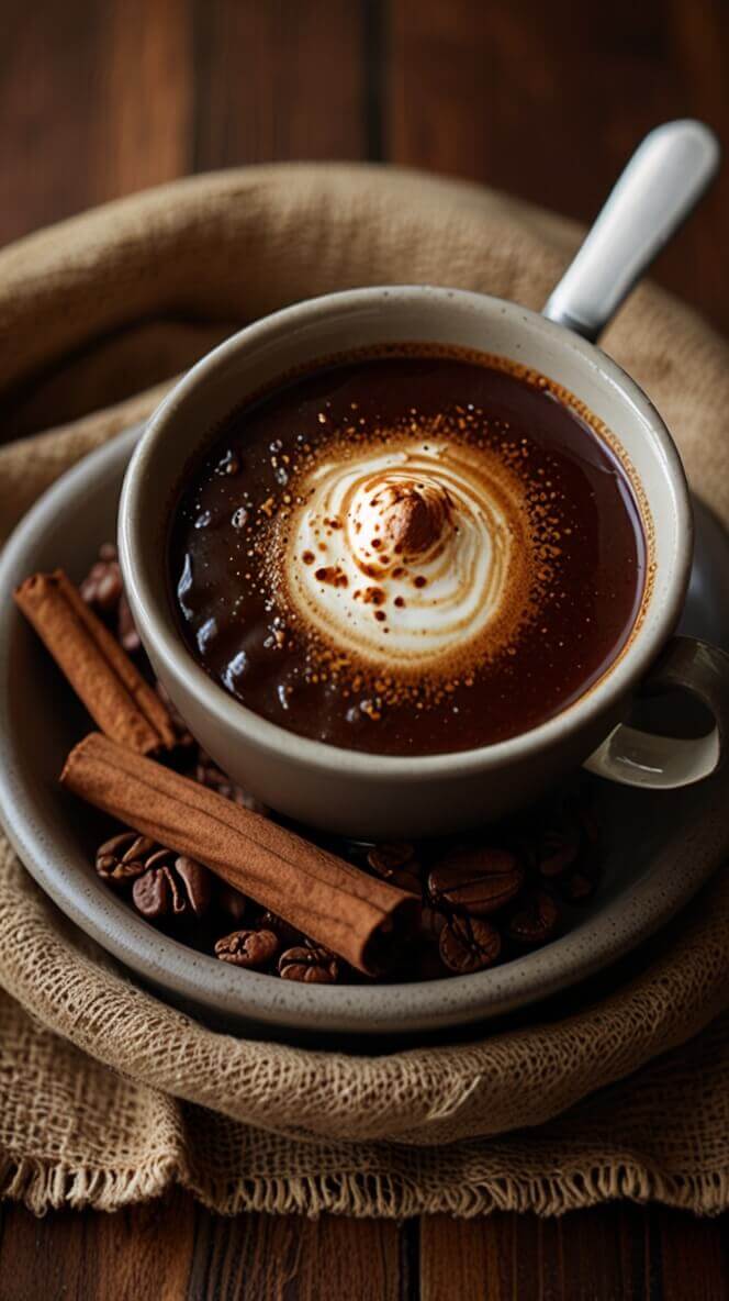 White ceramic cup of rich chili-spiced Mexican coffee with swirled cream topping, served on a plate with cinnamon sticks and coffee beans against a rustic burlap and wooden background