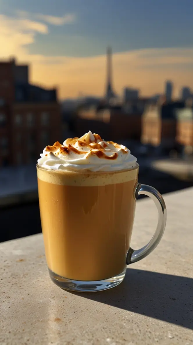 Caramel brûlée cream latte in a clear glass mug with torched whipped cream topping, photographed against a sunset Paris skyline with the Eiffel Tower in the background