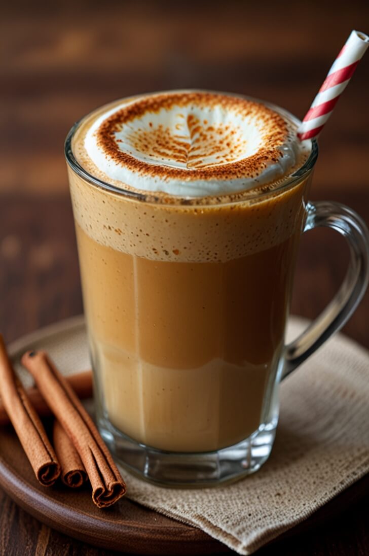 Honey cinnamon latte with leaf latte art, red striped straw, and fresh cinnamon sticks on rustic wooden table