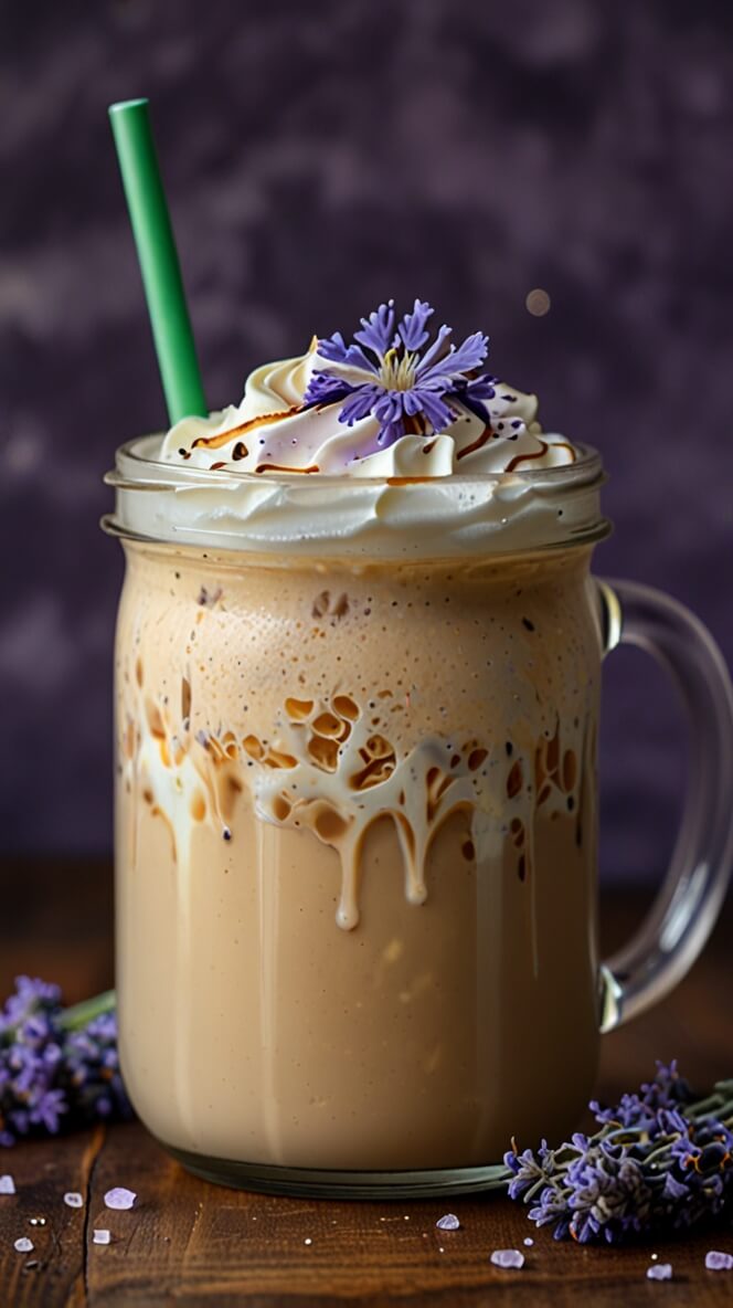 Iced lavender vanilla latte in a mason jar topped with whipped cream, caramel drizzle, and an edible purple flower, served with fresh lavender sprigs and purple sugar crystals on a wooden surface