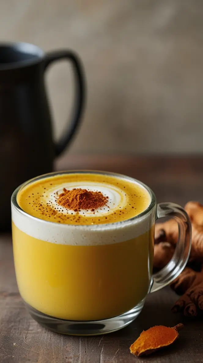 Golden turmeric ginger latte topped with creamy foam and dusted spices in a glass mug, served with cinnamon sticks and turmeric powder on a rustic wooden surface