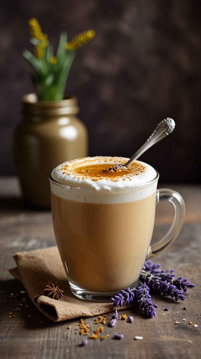 A glass mug of honey lavender latte with torched foam top and silver spoon, served on burlap cloth with fresh lavender sprigs, star anise, and a gold mason jar with yellow flowers in the background