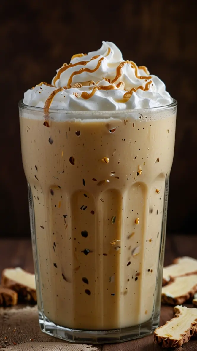 Iced ginger latte served in a tall clear glass, topped with whipped cream and caramel drizzle, with fresh ginger pieces visible on a dark wooden surface