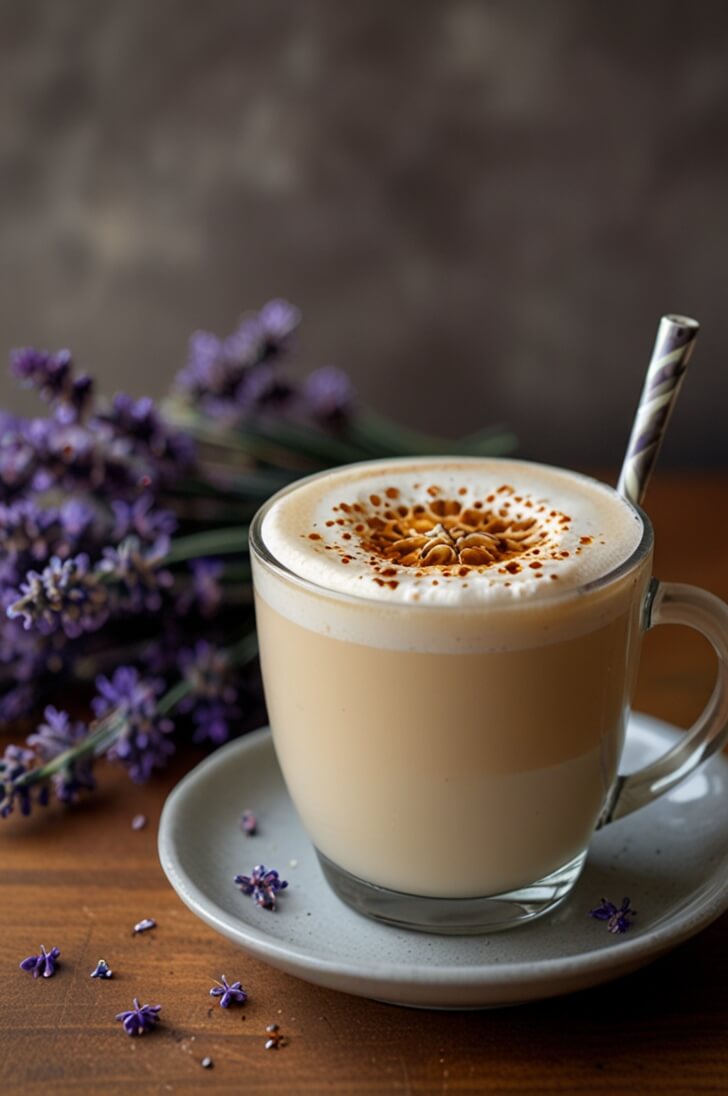 Lavender honey latte in glass cup with foam art and caramel drizzle, served with fresh lavender sprigs and scattered purple flowers on wooden table