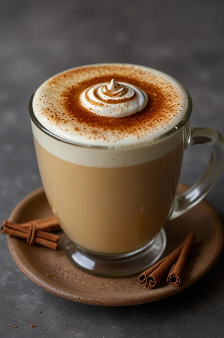 Spiced honey cream latte in a clear glass mug with whipped cream topping dusted with cinnamon, served on a brown ceramic saucer with fresh cinnamon sticks alongside