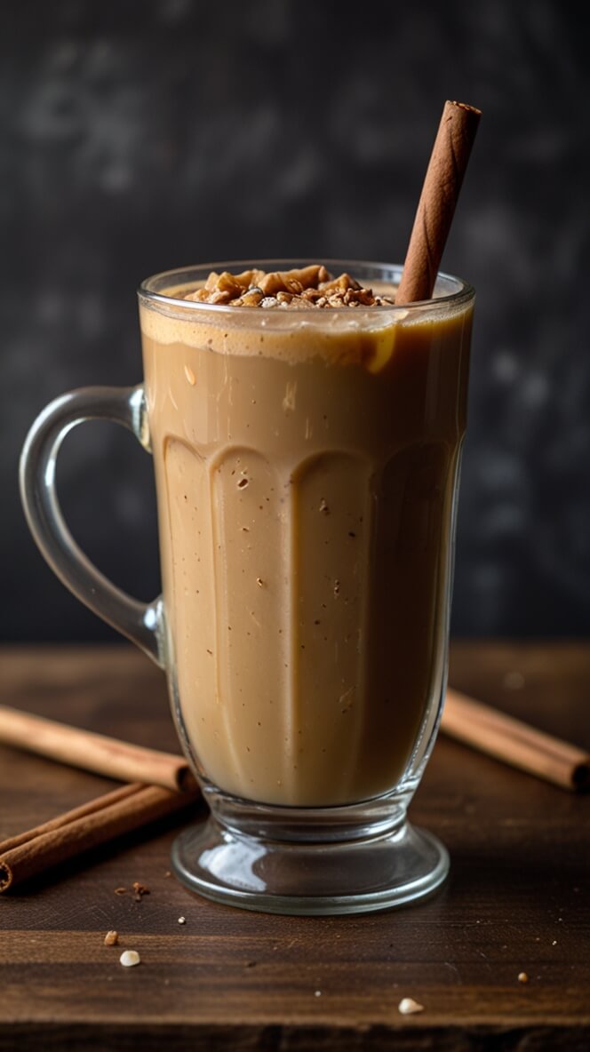 Clear glass mug of creamy vanilla-infused caramel iced latte topped with chopped nuts and a cinnamon stick garnish on a wooden surface against a dark background