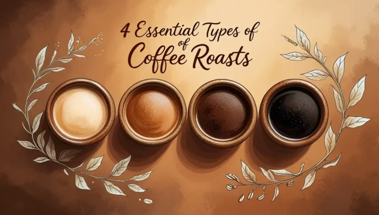 4 Essential Types of Coffee Roasts illustrated in clay cups showing light to dark roast progression with decorative coffee leaf ornaments against warm brown background