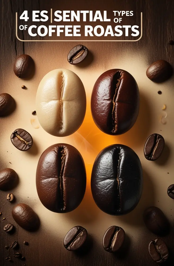 4 Essential Types of Coffee Roasts showing light, medium, medium-dark, and dark roasted coffee beans arranged in diamond pattern with glowing amber background