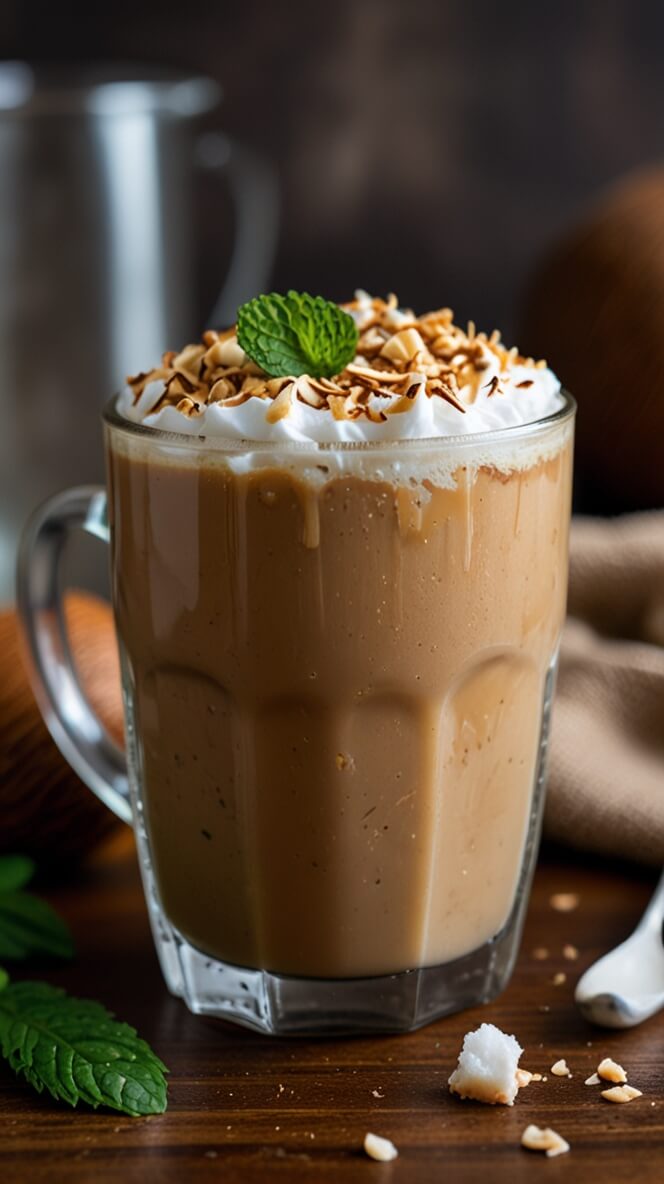 Glass mug of coconut caramel cold latte topped with whipped cream, toasted coconut flakes, and a fresh mint leaf against a wooden surface background