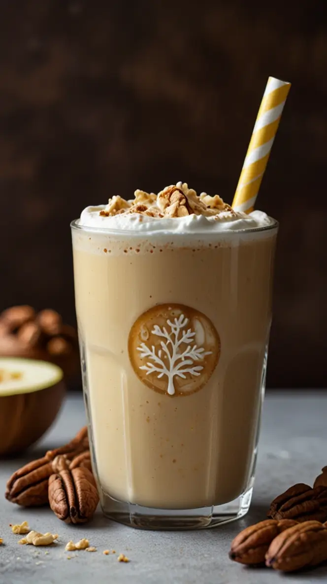 Honey Ginger Walnut Latte with whipped cream topping and yellow striped straw in a glass with tree logo, surrounded by whole walnuts