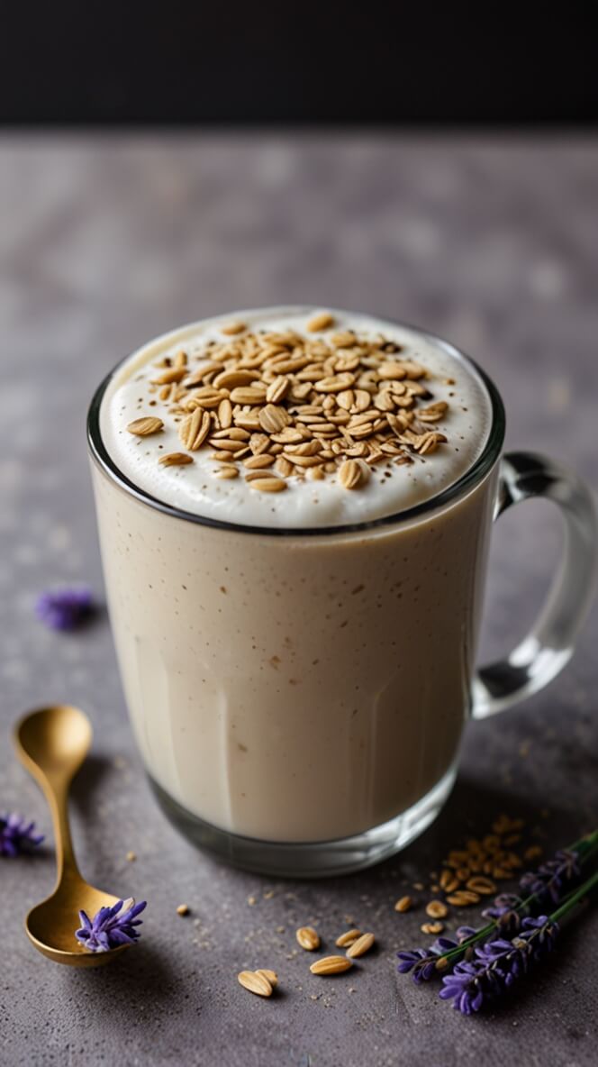 A glass mug of creamy lavender oat milk latte topped with toasted oats, served with a gold spoon, fresh lavender sprigs, and scattered oats on a grey concrete surface