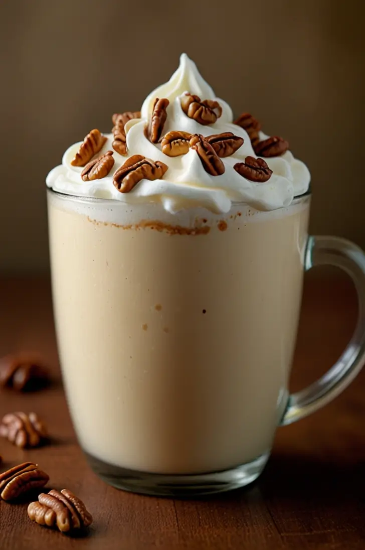 Maple pecan cream latte in a clear glass mug topped with generous whipped cream and toasted pecan halves, served on a dark wooden surface with scattered pecans