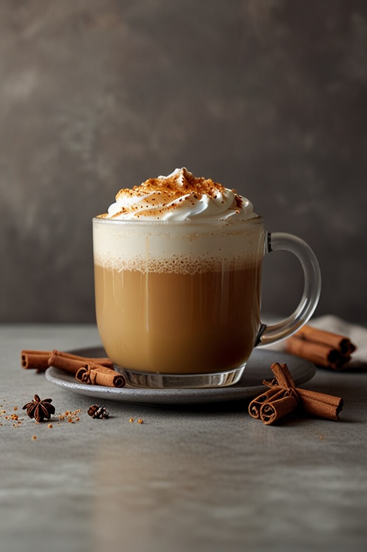 Spiced honey latte topped with whipped cream and cinnamon, served with whole cinnamon sticks and star anise on gray surface, moody coffee photography