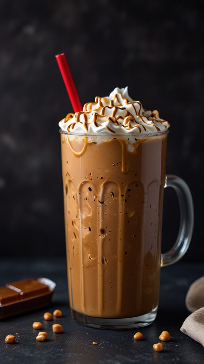 Tall glass mug of caramel mocha iced latte topped with whipped cream and caramel drizzle, with a red straw against a dark background with scattered caramel pieces