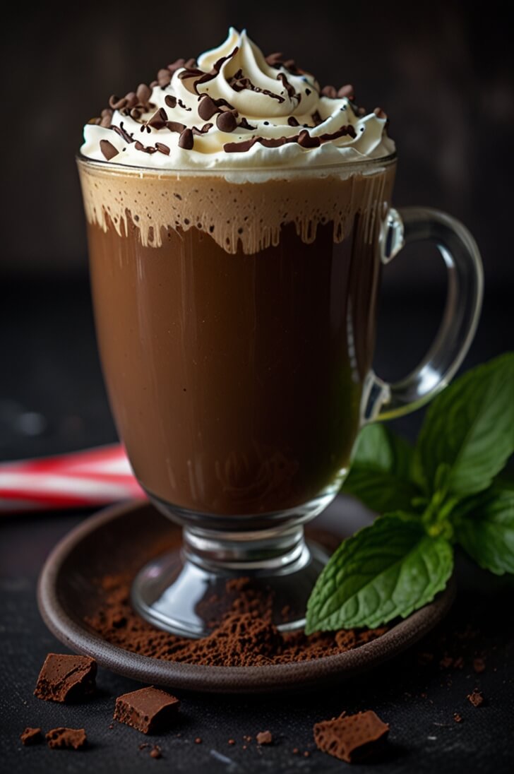 Dark chocolate mint cream latte in a tall glass mug, topped with whipped cream, chocolate drizzle and chocolate chips, served with fresh mint leaves and chocolate pieces on a dark saucer with cocoa powder