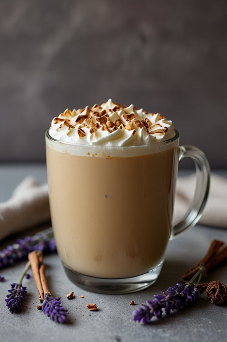 A glass mug of maple lavender latte topped with toasted meringue foam, served with cinnamon sticks and fresh lavender sprigs on a grey surface against a dark background