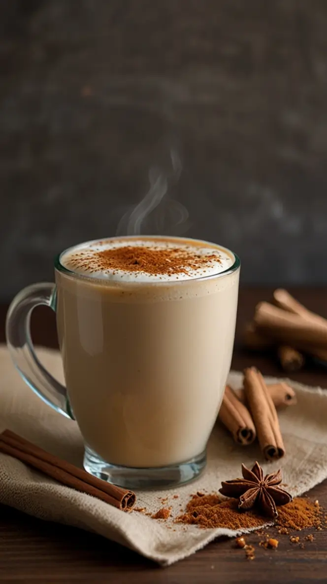 Steaming Spiced Maple Ginger Latte in a glass mug with cinnamon sticks, star anise, and spice dusting on wooden table