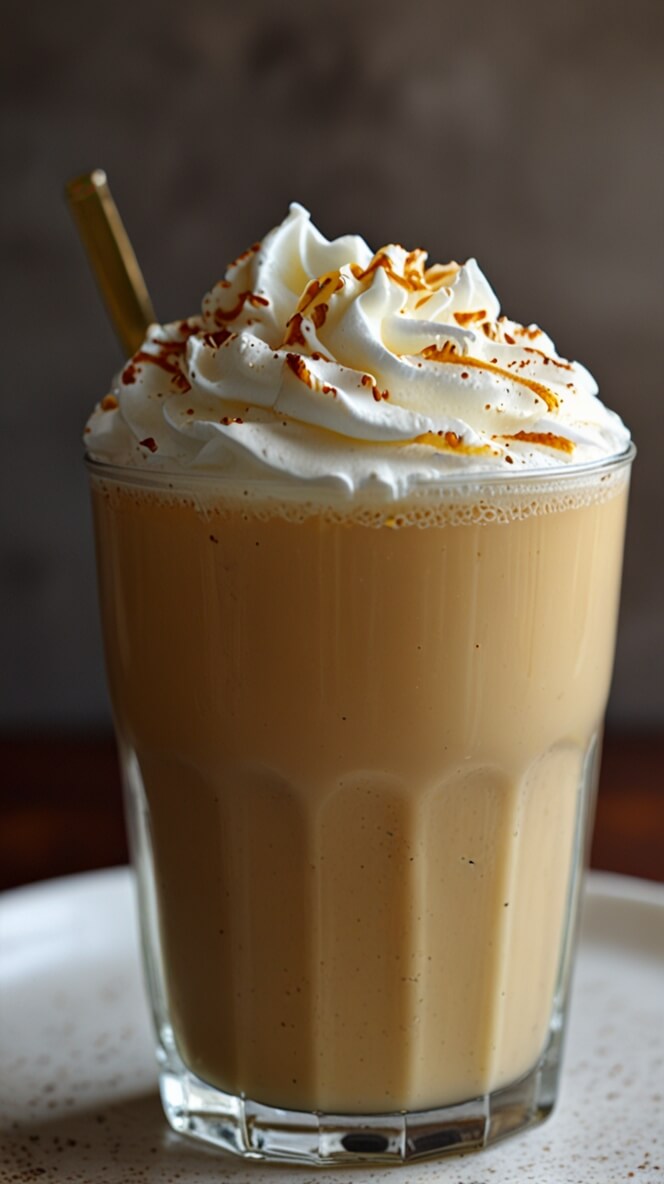 Vanilla bean honey latte in tall glass with whipped cream topping and caramel drizzle, served with bamboo straw on white plate