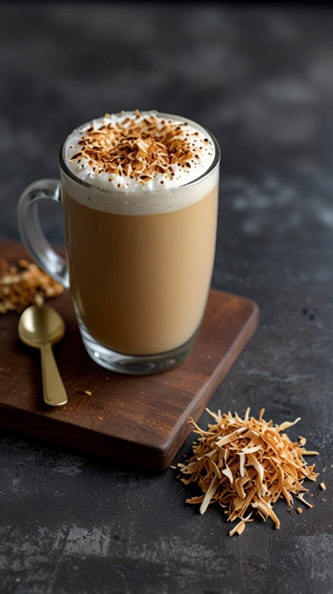 Coconut Ginger Latte in glass mug topped with foam and toasted coconut shreds on wooden serving board with gold spoon