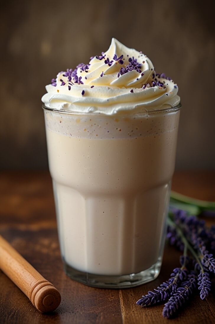 Lavender honey cream latte in a tall glass topped with whipped cream and purple lavender sprinkles, served on a wooden surface with fresh lavender sprigs and a honey dipper