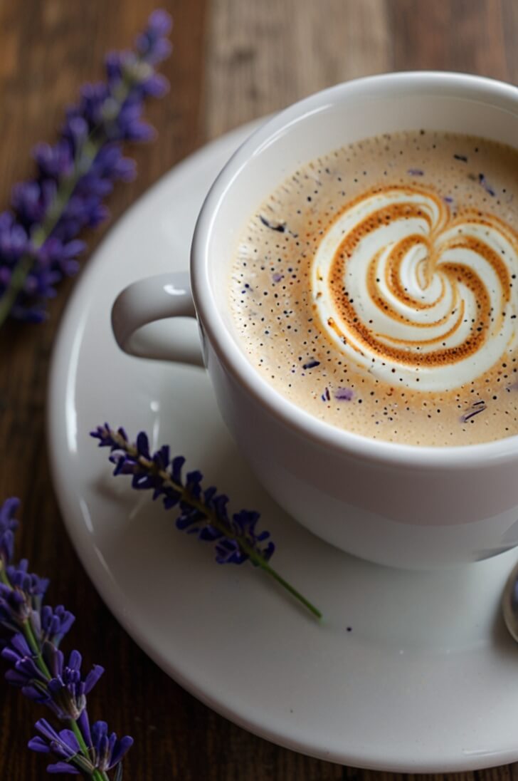 A white ceramic cup of London Fog Lavender Latte featuring intricate heart latte art with tiny purple lavender petals scattered in the foam, served on a matching saucer with fresh lavender sprigs on a wooden surface