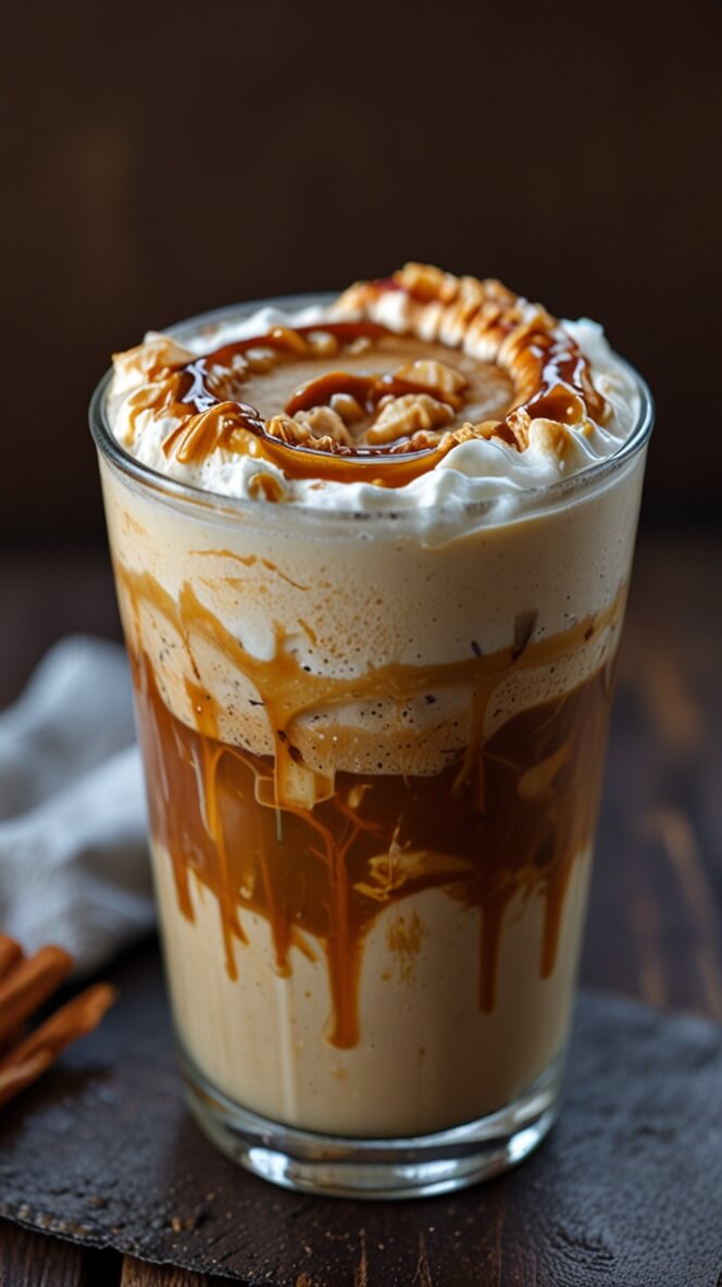 Maple caramel latte on ice in a clear glass featuring layers of coffee, milk, and whipped cream with caramel drizzle in a spiral pattern on a dark wooden surface.