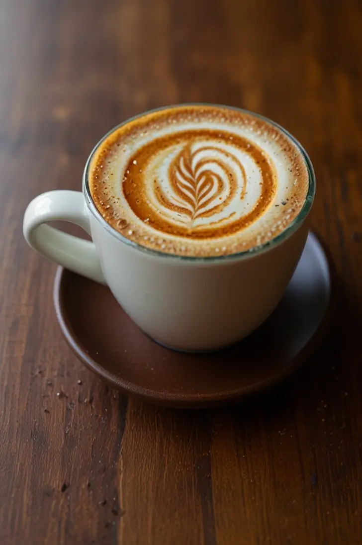 Salted honey latte in white ceramic cup featuring intricate heart latte art, served on brown saucer against wooden table background