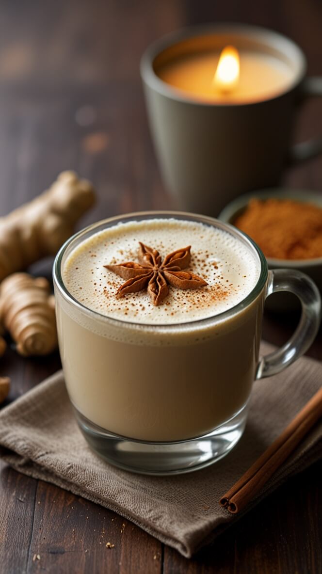 Ginger Chai Latte Fusion with star anise garnish, fresh ginger root, and warming spices on rustic wooden table with glowing candle