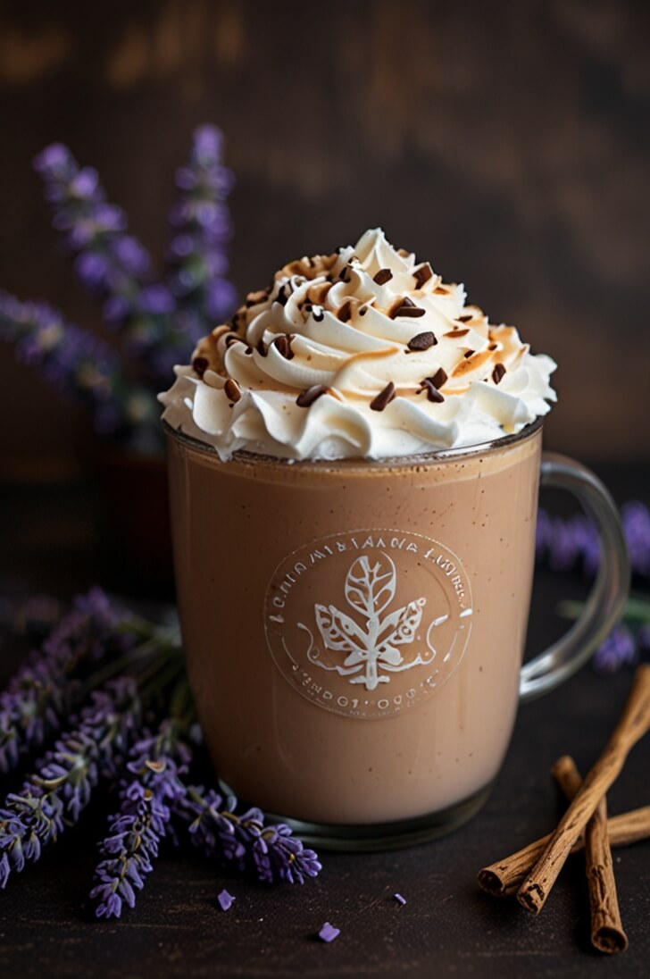 A glass mug with cafe logo featuring a lavender mocha latte topped with swirled whipped cream and chocolate shavings, surrounded by fresh lavender sprigs and cinnamon sticks on a dark surface