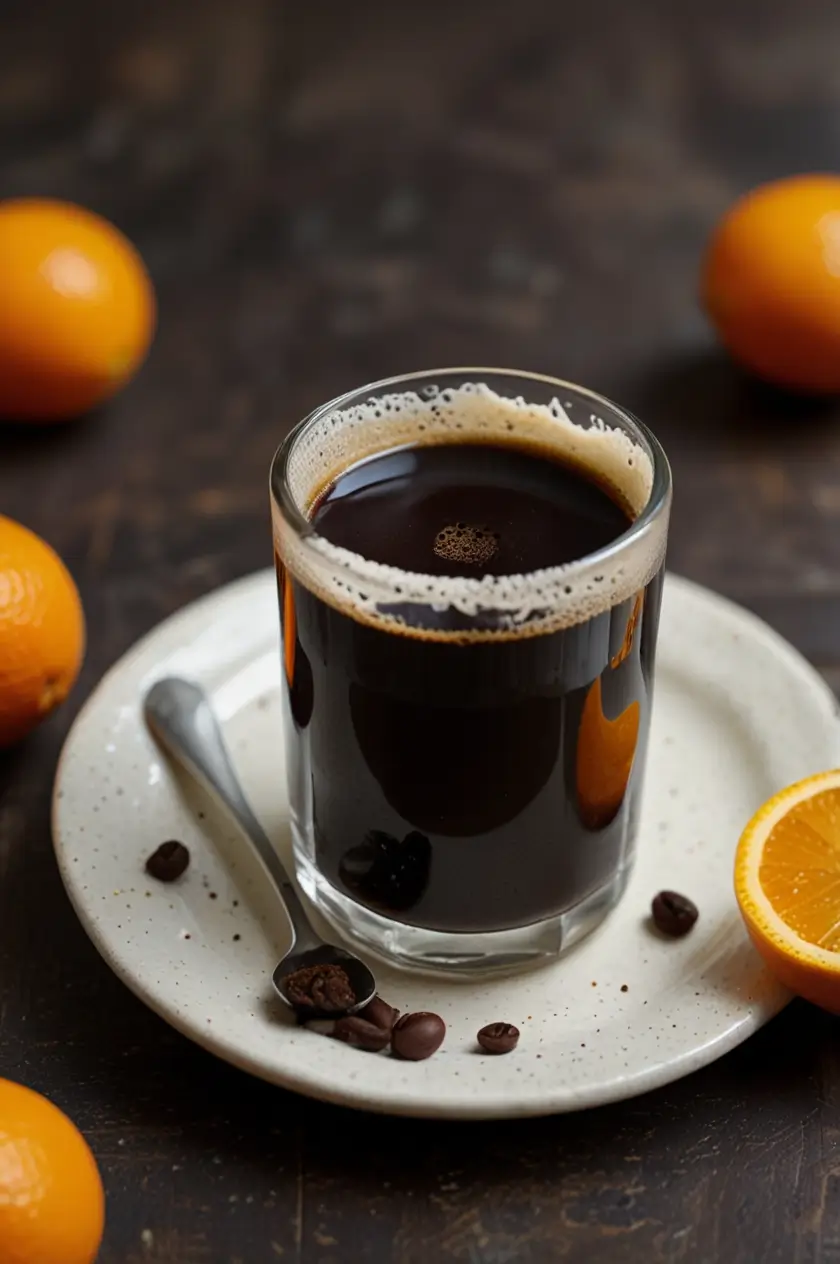 A ceramic cup of steaming coffee with bright yellow-orange spice dusting on top, nestled on a white cloth against a wooden surface