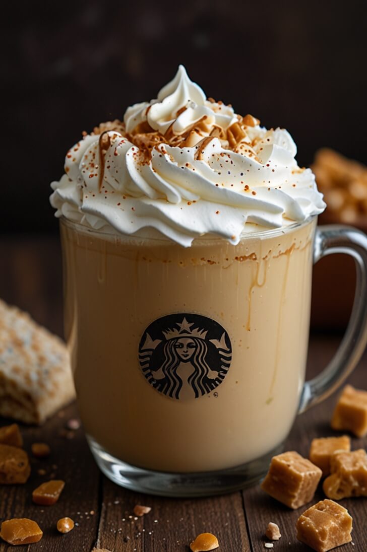 Starbucks salted butterscotch cream latte in a glass mug topped with swirled whipped cream and caramel sprinkles, served with butterscotch candy pieces scattered on a dark wooden surface