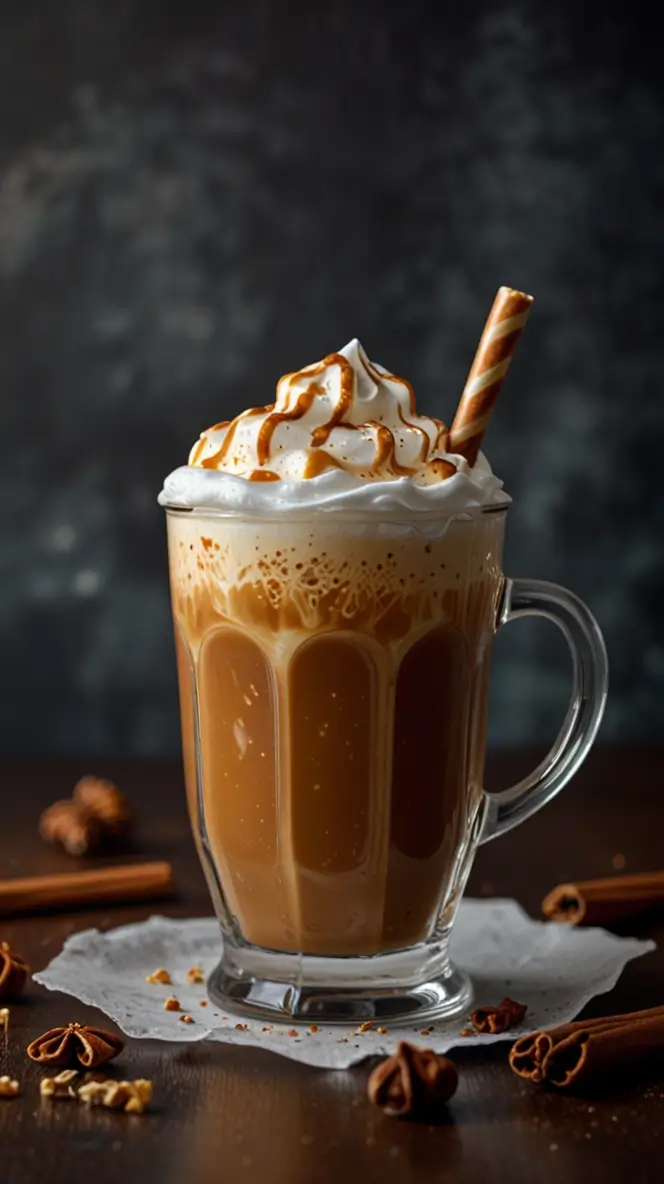 Spiced caramel latte with ice in a clear glass mug, topped with whipped cream and caramel drizzle, served with cinnamon sticks and star anise on a dark wooden surface.