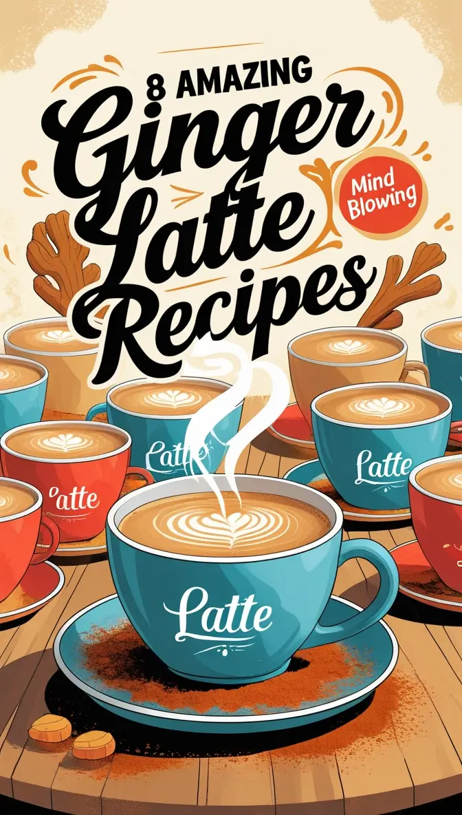 Artistic illustration of multiple ginger latte cups with latte art, featuring a large turquoise cup in the foreground and red and blue cups in the background, with '8 Amazing Ginger Latte Recipes' typography and a 'Mind Blowing' badge on a warm wooden surface