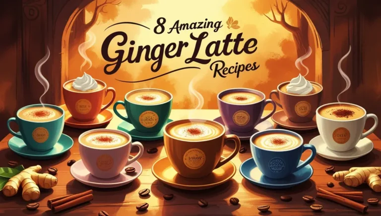 Eight colorful coffee cups with ginger lattes arranged in a warm autumn setting, decorated with coffee beans, cinnamon sticks, and fresh ginger root. Each cup features a unique color and golden logo, topped with creamy foam and spice dusting.