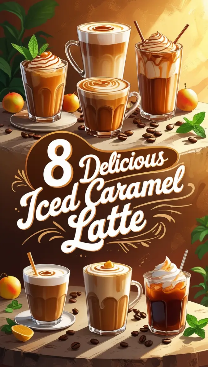 Eight delicious iced caramel latte beverages in transparent glass cups arranged on a wooden table with coffee beans, mint leaves, and apricots.