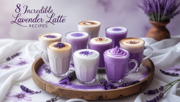 Eight different lavender lattes in glass cups arranged on a wooden serving board, garnished with fresh lavender sprigs and purple sugar, featuring varying shades of purple and white drinks with latte art