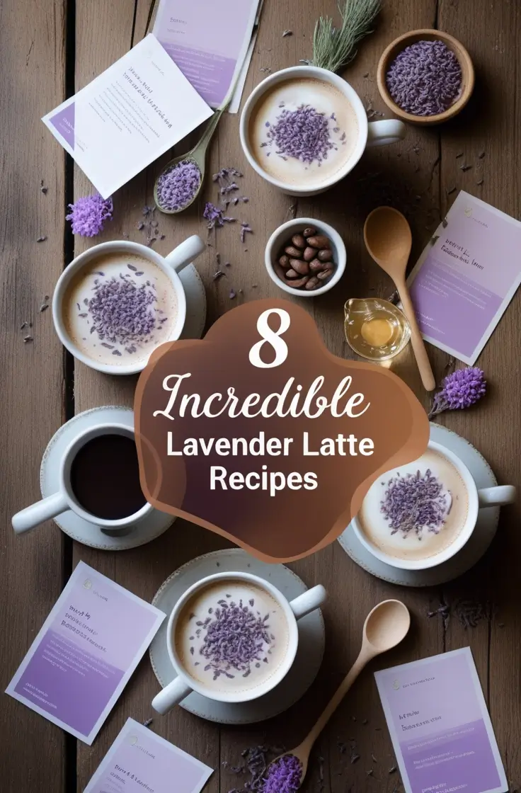 Overhead view of four lavender lattes with dried lavender garnish, coffee beans, wooden spoons, and purple recipe cards on rustic wooden table