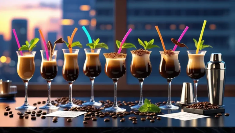 8 colorful non-alcoholic espresso martini mocktails with vibrant straws, mint garnish, coffee beans, city skyline background