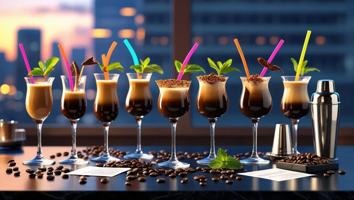 8 colorful non-alcoholic espresso martini mocktails with vibrant straws, mint garnish, coffee beans, city skyline background