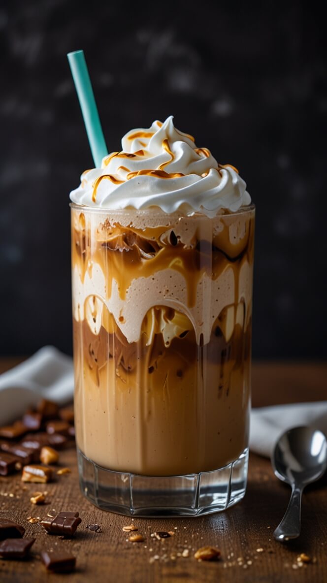 Luxurious caramel cold foam iced latte in a clear glass showing distinct layers of coffee, milk, caramel drizzle, and whipped cream topping with a teal straw against a dark background.