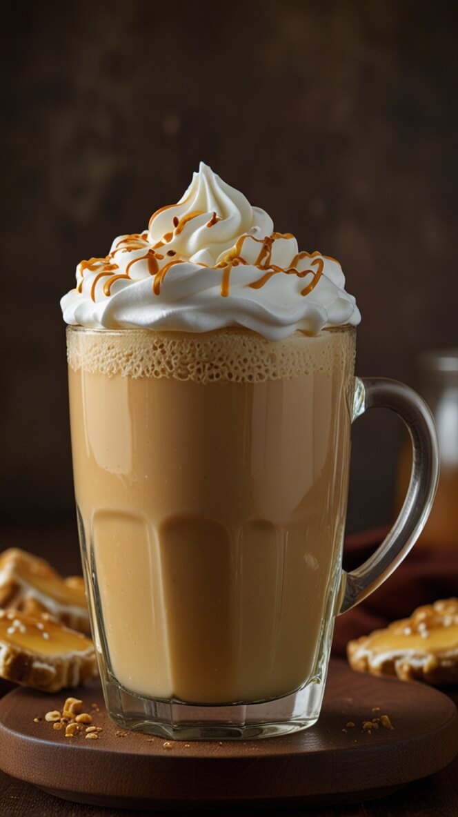 Caramel Ginger Latte in glass mug topped with whipped cream and caramel drizzle on wooden board with caramel biscuits