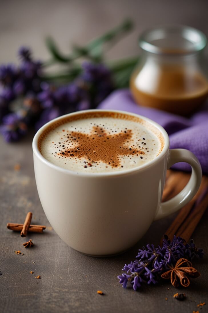 Creamy spiced lavender latte in white ceramic mug with star-shaped cocoa powder design, surrounded by fresh lavender sprigs, cinnamon sticks, and star anise on dark textured surface