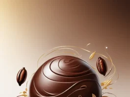 A stylized illustration of a large dark chocolate truffle with a decorative banner showing 'Caffeine Content 2-4mg per ounce'. The truffle is surrounded by coffee beans and golden leaves in an artistic composition against a warm brown gradient background.