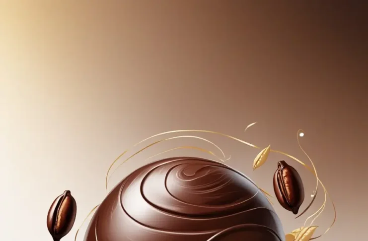 A stylized illustration of a large dark chocolate truffle with a decorative banner showing 'Caffeine Content 2-4mg per ounce'. The truffle is surrounded by coffee beans and golden leaves in an artistic composition against a warm brown gradient background.