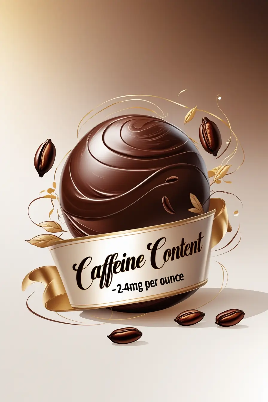 A stylized illustration of a large dark chocolate truffle with a decorative banner showing 'Caffeine Content 2-4mg per ounce'. The truffle is surrounded by coffee beans and golden leaves in an artistic composition against a warm brown gradient background.