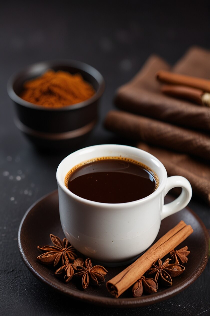 A ceramic cup of steaming masala coffee with golden turmeric powder dusted on top, resting on a white cloth against a wooden surface