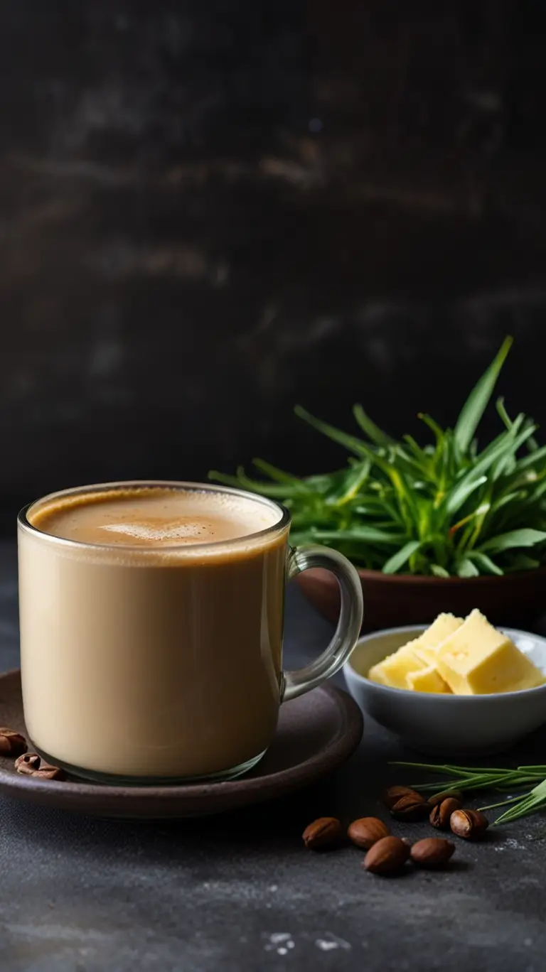 Creamy golden-brown bulletproof coffee in a clear glass mug, showing swirls of melted butter and MCT oil blended into the coffee