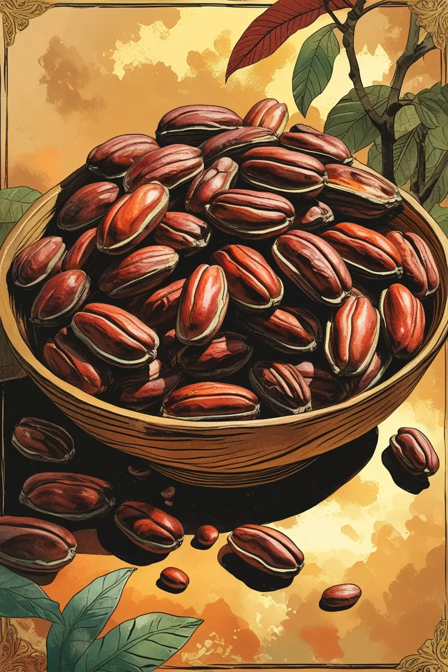 An artistic illustration of a wooden bowl filled with reddish-brown cacao beans, some scattered around the bowl, with green cacao leaves in the background against a warm golden sky. The beans are rendered with detailed shading showing their characteristic elongated shape and rich color.