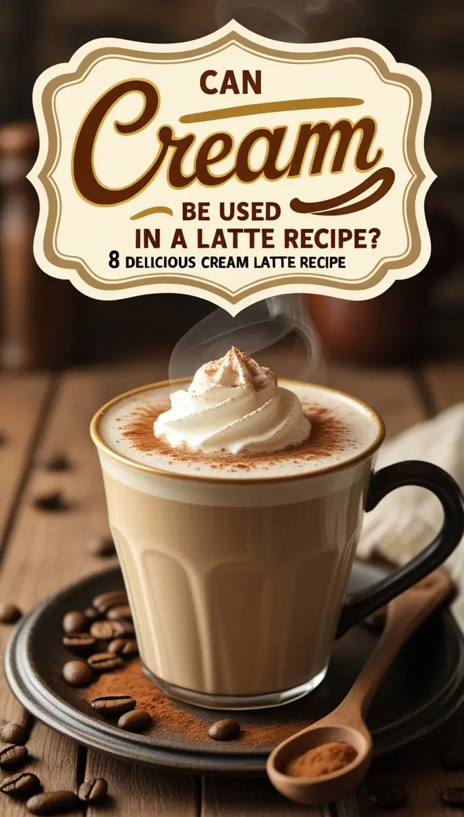 Can cream be used in a latte recipe featuring a steaming glass mug of cream latte topped with whipped cream, cocoa powder, and coffee beans on rustic wooden surface