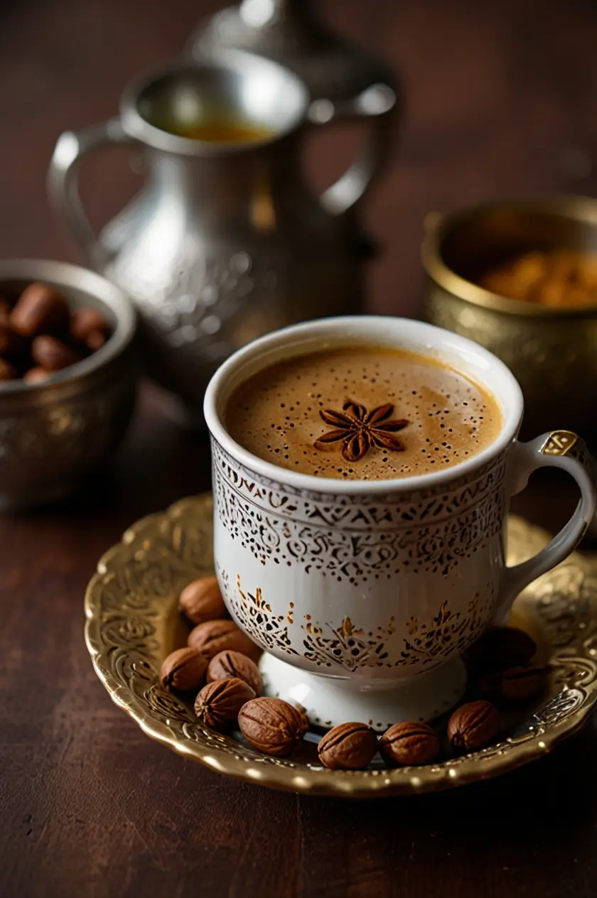 Traditional Arabic coffee in a small ornate golden dallah (coffee pot) and matching finjan (cup), garnished with cardamom pods and coffee beans.